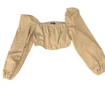 Misguided Women 10 Tan Balloon Shoulders Elastic Cropped Top Boho Festive‎ Retro