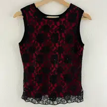 Vintage 90s Black Red Beaded Floral Lace Overlay Grunge Stretch Sweater Tank Top