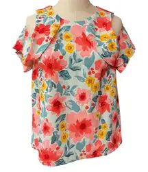 Mud‎ Pie Women's Floral Cold Shoulder Blouse Size Small Pink Green Red Yellow