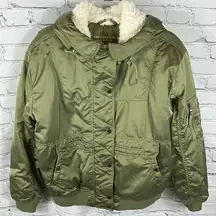 AEO Flight Bomber Jacket Sherpa-Lined Hooded Satin Green L