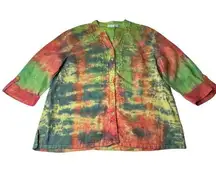 Womens Kim Rogers 100% Linen Green Tie Dye Button Up Top Rhinestone Butterfly XL