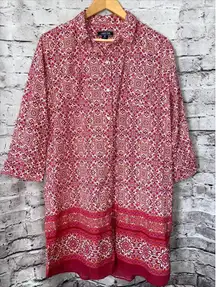 Lands End Shirt Tunic Dress Button Down Red Pink Print Women's M‎ Boho