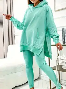 NEW Emerald Teal Two-piece Set, Split Long Sleeve Hooded Top & Leggings / Small