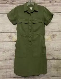 J.Crew  Drapey Oxford Utility Shirt Dress Short Sleeve Size 0 Army Green