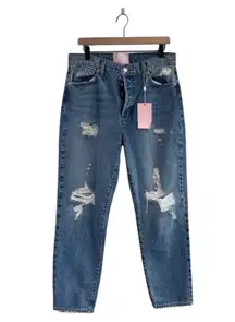 NWT Revice High Rise Waisted Button Fly Distressed Straight Leg Jeans 32 Ripped