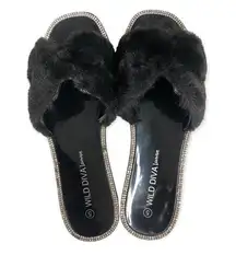 Wild Diva Lounge Black Faux Fur Rhinestone Slides