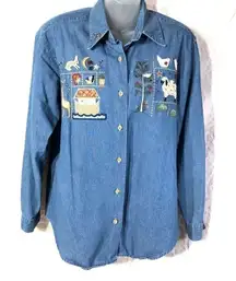 Chambray long sleeve shirt button up appliqué EUC cottagecore granny core farm