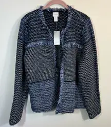 Chico’s Fringed Franklin Cardigan Sweater Jacket Blue Black 3 NWT XL