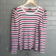 Talbots Sweater Lightweight Ribbed Knit Stripe Puff Sleeve Button Sweater L