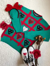 Jordache Vintage 90s  heart print green sweater