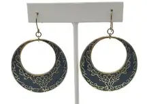 Ornate Hoop Dangle Earrings Black Gold‎ Retro Hippie Bohemian Artsy Festival