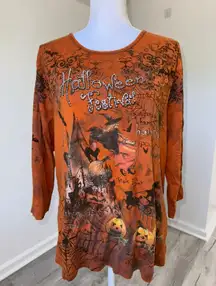 VTG Studio Gem Q Halloween Shirt XXL Witch Pumpkin All Over Print 3/4 Sleeve Tee