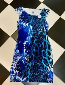 Vintage Y2K Caché Blue Animal Print Bodycon Mini Dress Sleeveless Scoop Neck 10