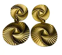 Gold Tone Retro Disc Pierced Dangle Earring Geometric Swirl Hippy Gypsy Vibe VTG