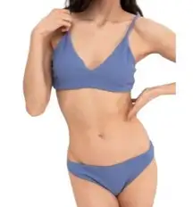 Cider  Womens Solid Rib Knit Triangle Swimsuit Bikini Set S Blue Adjustable Strap