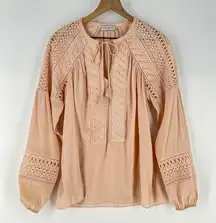 Ramy‎ Brook Winnie Lace Panel Blouse Long Sleeve Tassel Tie Neck Ballet Pink