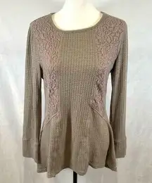 L Love mocha waffle knit and lace long sleeve top size small