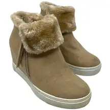 Y2K Style Brash Tan Faux Fur Ankle Wedge Sneakers Zip-Up Boots Women’s Size 6