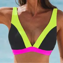 New Cupshe Neon Yellow & Neon Pink Colorblock Plunging Bikini Top Size Medium