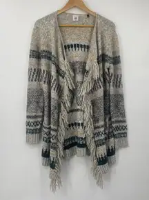 Cabi Shetland Fringed Cardigan Sweater Open Front Longline Duster Gray Cream XXS