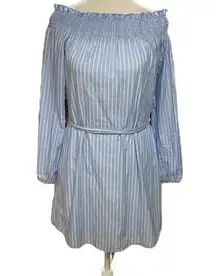 Blue & White Striped Linen Elastic Off The Shoulders Dress Size Small