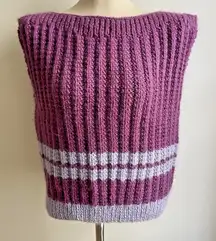 Vintage Chunky Hand Knit Sweater Vest Purple Wool Stripe Boxy Handmade Medium