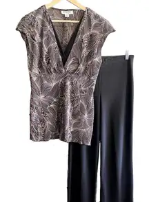 Connected Womens 2 Piece Pant Set Sz 6 Brown V Neck Cap