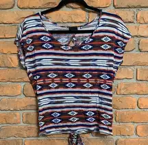 DayTrip‎ Buckle Western Aztec Short Sleeve Tie Back Blouse Red Blue - Size S