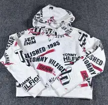 Tommy Hilfiger Denim All Over Print Hoodie Womens XS Cropped Crop White Red Blue