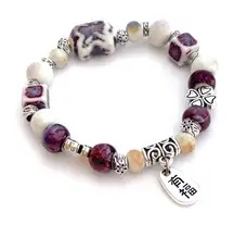 Burgundy Purple Bracelet ceramic beaded lucky clover silver charms