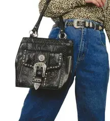 1990s Vintage Black Western Handbag Shoulderbag Silver Accents Retro