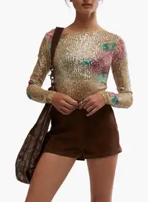 Free People Gold Rush Floral Sequin Top, Champagne/Pink, Medium,‎ NWOT