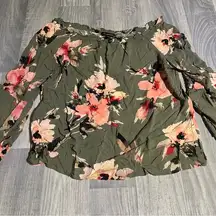White House Black Market Green Pink Peach Floral Bell Sleeve Blouse Top