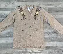 Jantzen vintage floral embroidered sweater long sleeve scallop hem medium H35