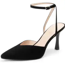 Miorap Elegant Closed Toe Suede Kitten Slingback Heels Black Ankle Strap 7.5 NWT