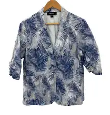 Karen Kane Blazer Jacket Womens Large Blue White Cotton Tropical Leaf Print