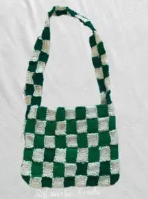 green and white checkered knit tote bag