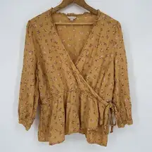 Lucky Brand Blouse Gold Ditsy Floral Pattern Faux Wrap 3/4 Sleeve Boho Top Large