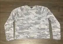 Beyond Yoga Light Gray Camo Sweatshirt w/ Austin Texas Lettering, Size Large
