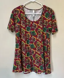 LuLaRoe 2/$12  Women’s Pink Yellow Green Rose Short Leave Stretch Top Size Small