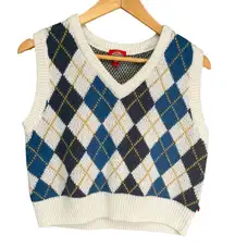 Dickies Juniors Argyle Sweater Vest Blue White Yellow Preppy Knit Pullover Large