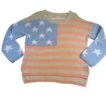 POL Womens Sweater Coral tan Blue American Flag Lose Knit Slouchy Size Small