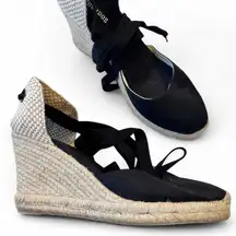 Soludos Tan Black Canvas Espadrille Wedge Womens 8 Beachy Lace Up Ankle Shoes