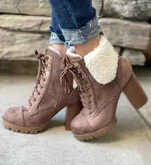 Tan Fleece lug Sole ankle Bootie 