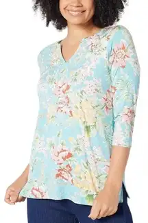 Belle by Kim Gravel Aqua Floral Knit Embroidered Top Size Small NWOT