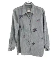 Bobbie Brooks striped tea party embroidered beaded button top L casual whimsical