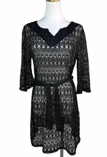 Merona Black  Swim Suit Cover Up Dress Size Small Sleeves Crochet Belted