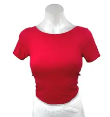 Hollister Red Ribbed Knit Short Sleeve Open Twist Back T Shirt Crop Top Size XS