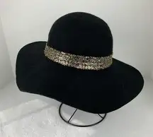 bebe 100% Wool Felt Wide Brim Hat Black & Gold Sequins Brand‎ New