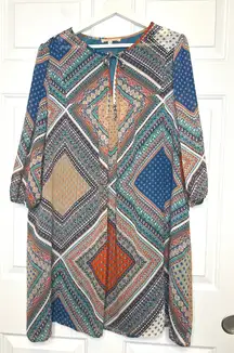 Gibson + Latimer Boho Geometric Print Tie Neck Midi Dress M